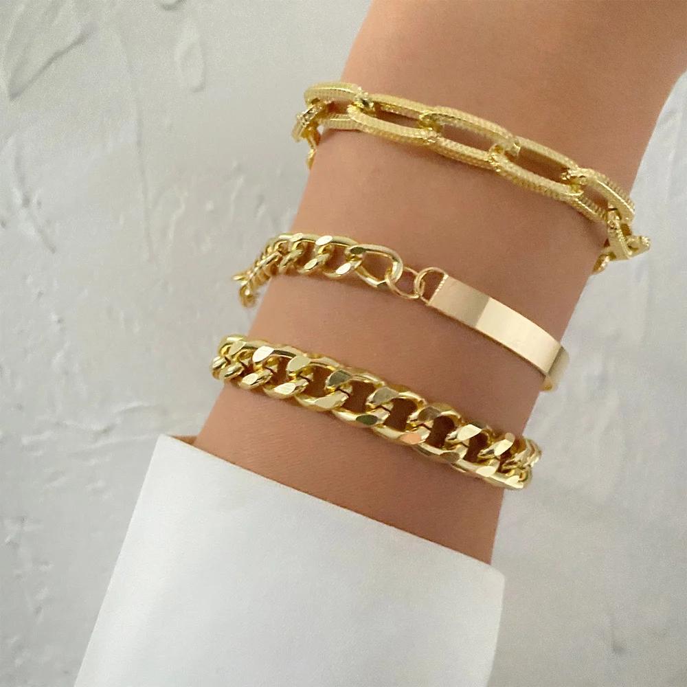 3PCS Fashion Thick Chain Link Bracelets for Women Vintage Snake Chain Gold Color Silver Color Bangles Bracelets Set Punk Jewelry