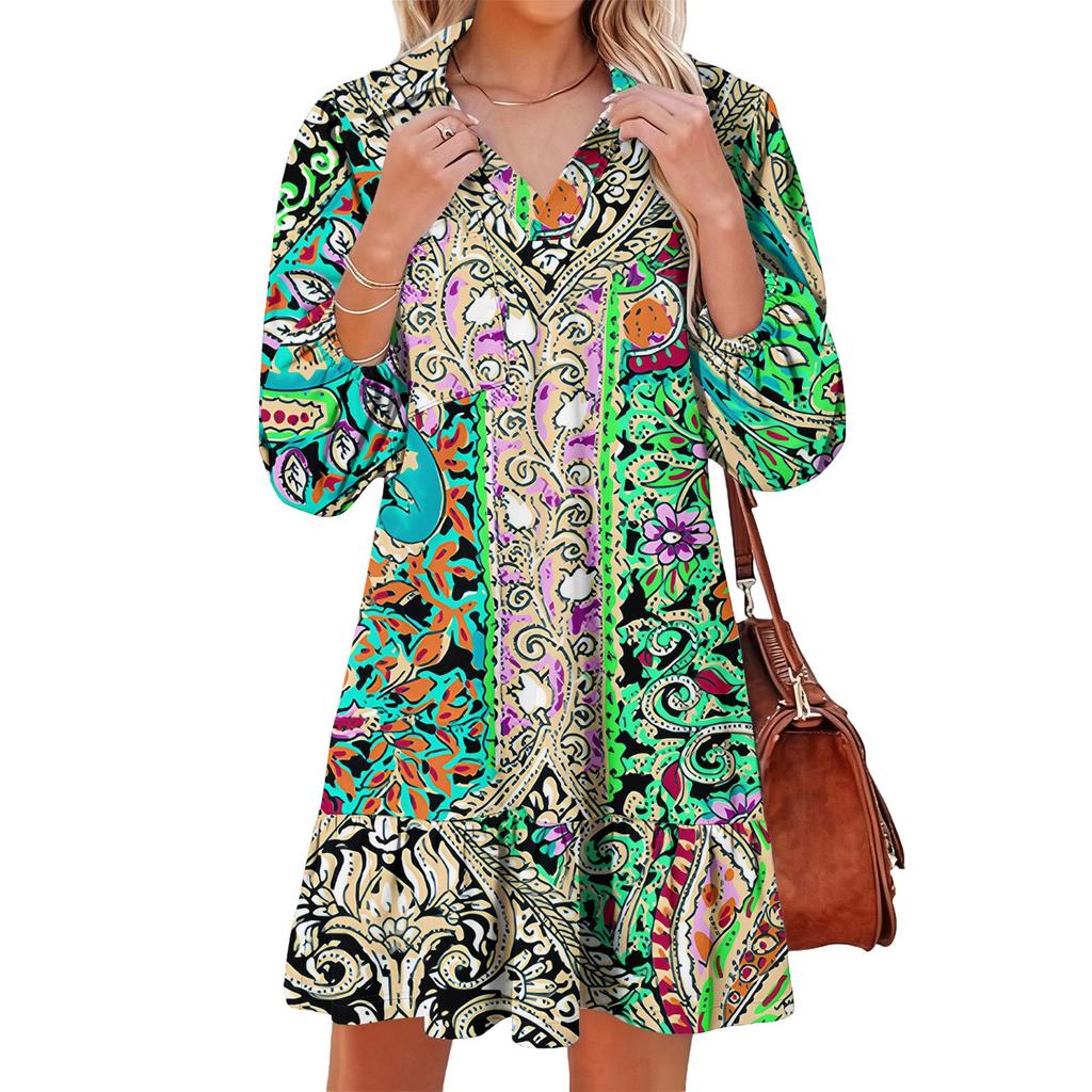 Women's Fashion Elegant Autmn And Winter Long Sleeve V,Neck Christmas Print Dress