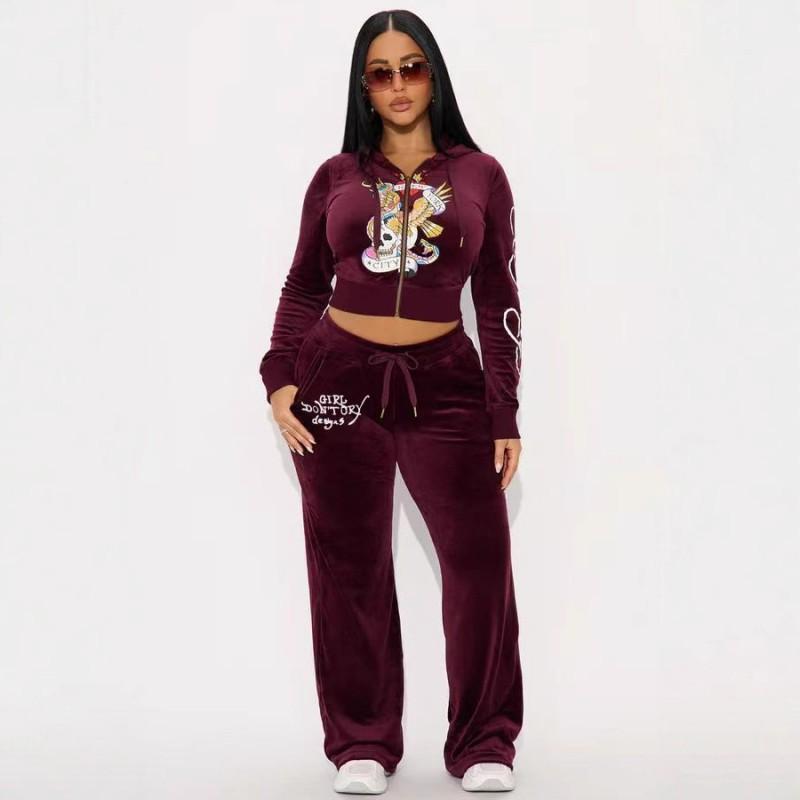 Womens Slim Fit Hooded Velvet 2-Piece Set Streetwear Skull Print Casual Tracksuit