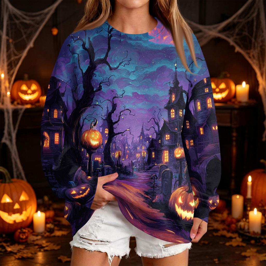 Women's Casual Round Neck Sweatshirt with Halloween Print, Long Sleeve Pullover for Festivals
