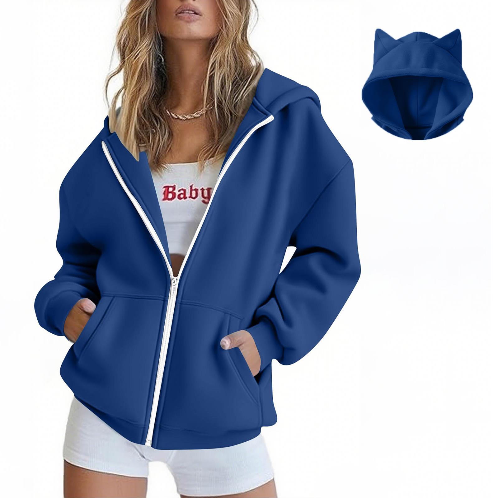 

Women s Fashion Casual Long Sleeve Solid Color Hooded Sweatshirt Tops S синий
