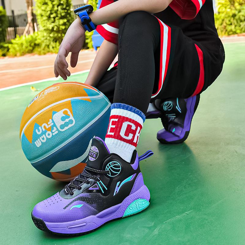 Children's Basketball Shoes Leather Surface New Autumn and Winter Boys' Sports Shoes Velvet Cotton Shoes Friction Sound Professional Sneakers