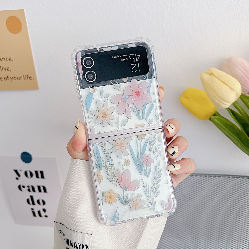 For Samsung Z Flip 4 Case Flash Flower Transparent Folding Phone Case For Samsung Z Flip 3 5g Zflip4 Shockproof Hard Back Cover