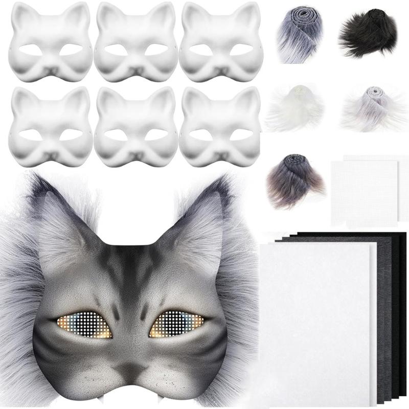 29/42Pcs Unpainted Cats Face Mask Paper Mask with Furry Trim Felted Cloth Eye Mesh Unpainted Masquerades Mask for Craft
