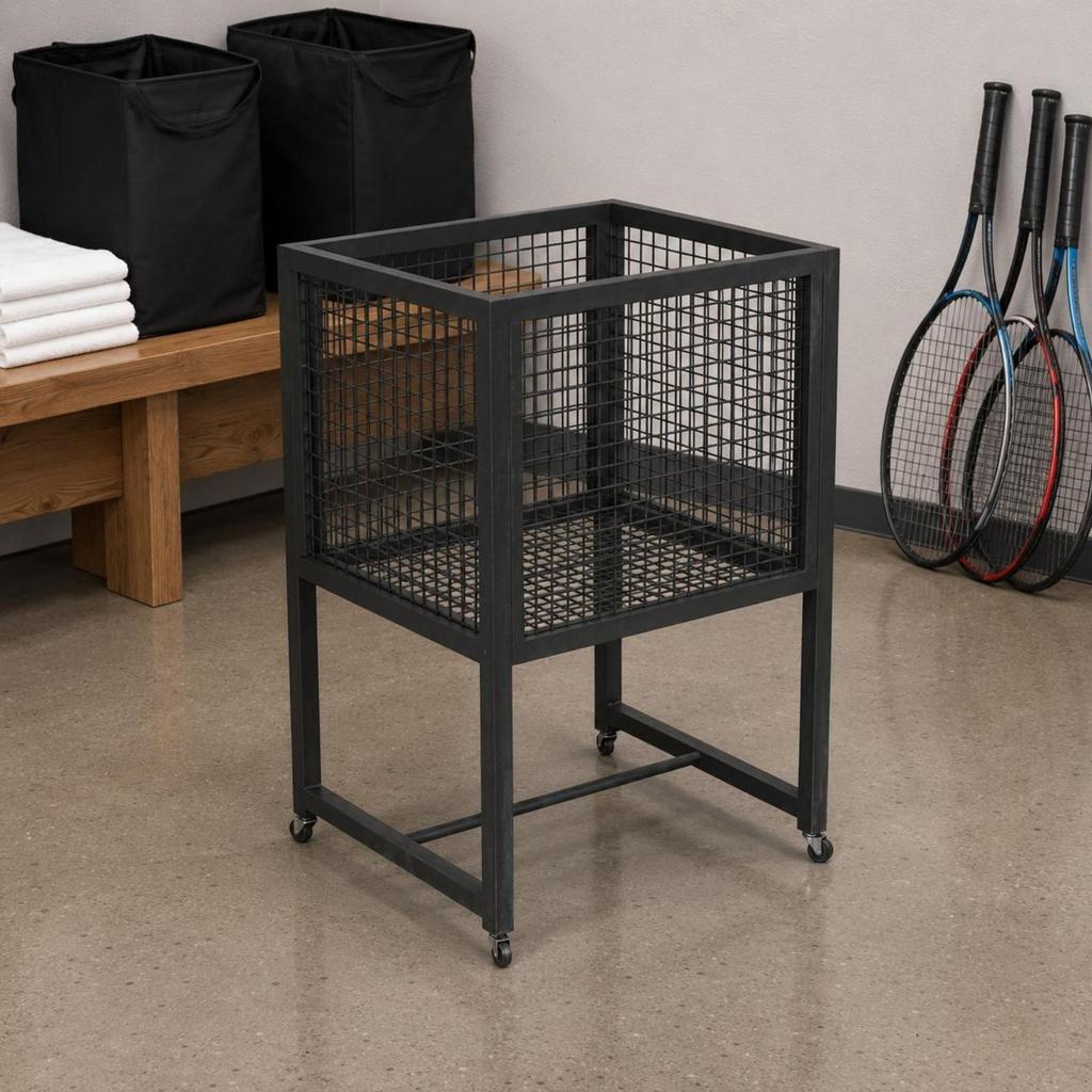 Rolling Tennis Basket Black Metal Storage Trolley Uncovered Top