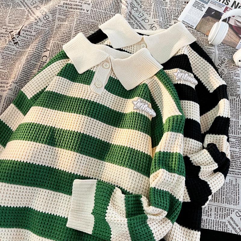 Men's Retro Striped Polo Collar Sweater - Autumn/Winter College Style Loose Knitwear