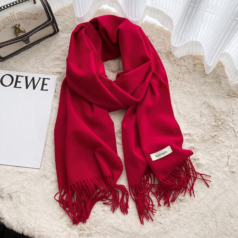 Cachecol feminino de inverno de cor sólida imitação de cashmere - quente, tecido, cachecol de pescoço médio a longo