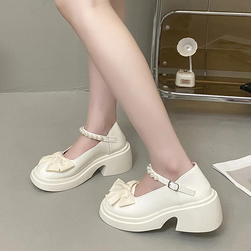 Mary Jane Shoes Women's Spring 2025 New Fashion High Heel Bow Platform Heel Pearl with Skirt Small Leather Shoes
