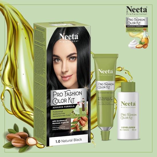 Neeta Professional Pro Fashion Color Kit 1.0 Natural Black 100g, Permanent Hair Color, Creme Hair Colour for Women & Men