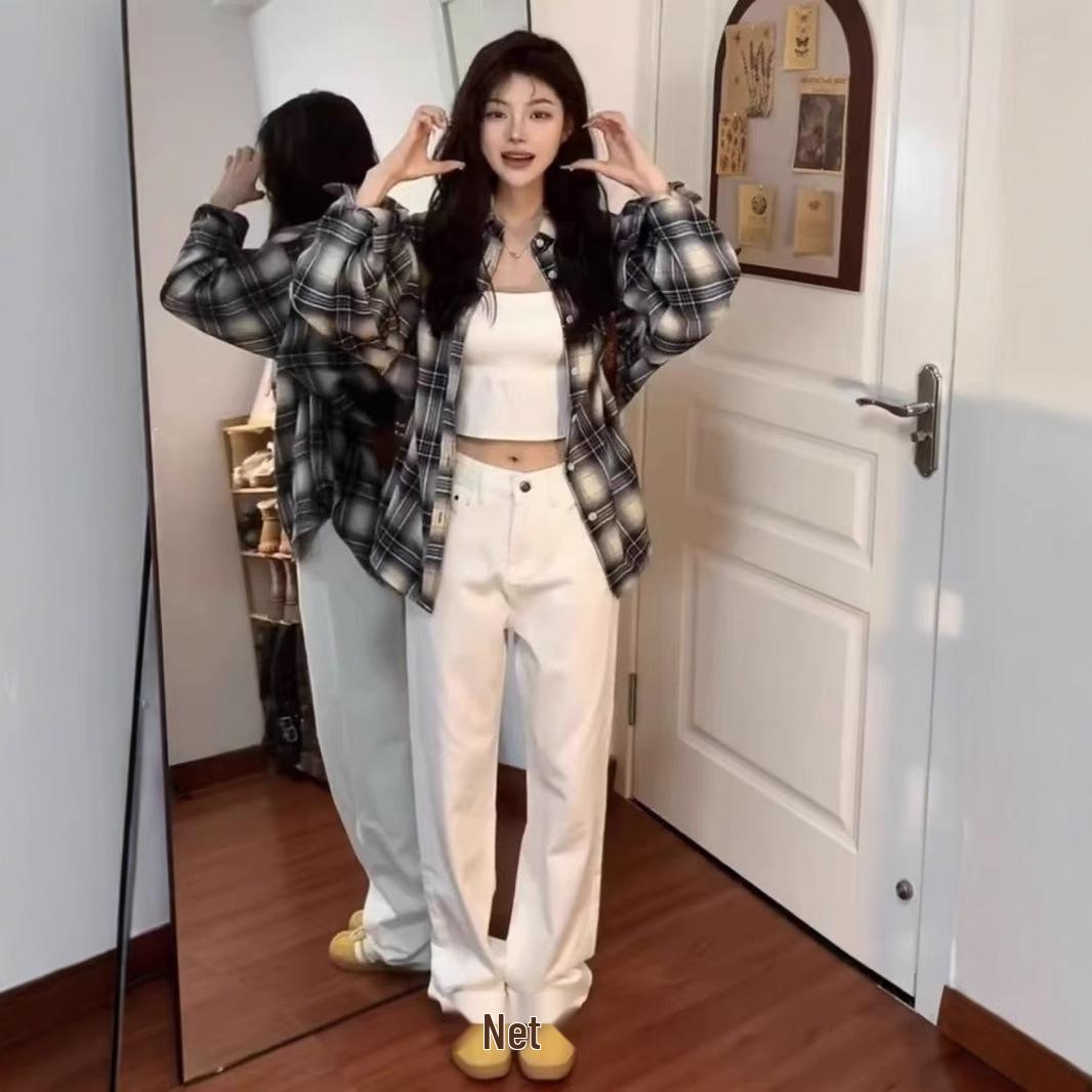 

Women s Retro Plaid Shirt Jacket for Spring & Autumn - Korean Style, Loose Fit, Versatile, Casual Long Sleeve with Sun Protection M