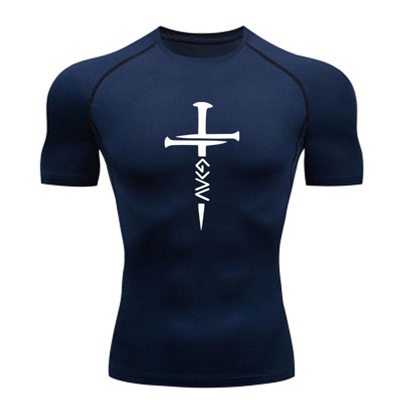Men's Compression Fitness T-Shirt, Nail Cross Jesus Printed Quick Dry Breathable Athletic Shirt for Gym Workout Running Training Activewear