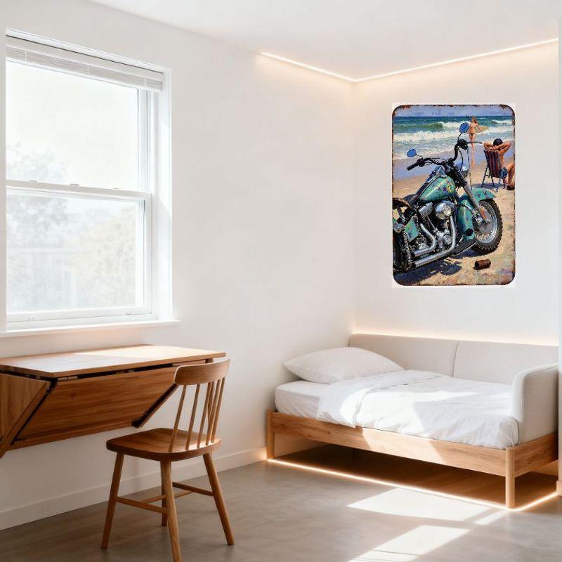 Vintage Turquoise Motorcycle Beach Metal Tin Sign with Starfish Purple Decals, Sand Ocean Waves, Bikini Woman Surfboard Man Chai