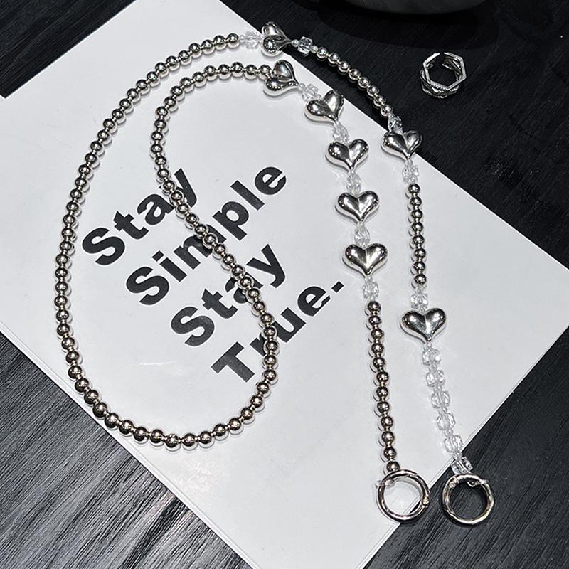 

1.2M Korea Cute Black Silver Love Heart Bead Oblique Span Chain Phone Bracelet Cellphone Lanyard Keychain Bag Long Lanyard серебряный