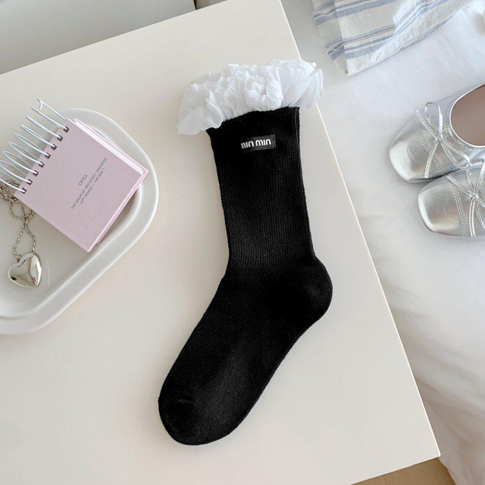 Mary Jane Korean-Style Double-Needle White Lace Ruffle Women's Socks with Miu-Inspired Letter Fabric Label