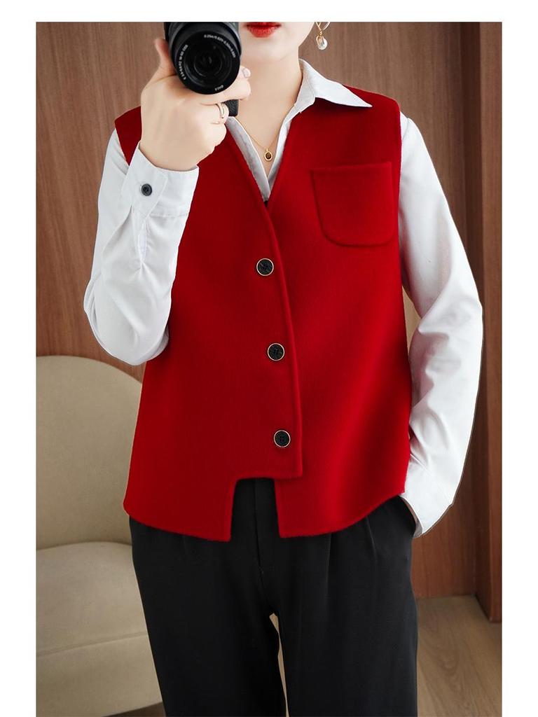 Dámská asymetrická oboustranná vlněná vesta - V-výstřih, bez rukávů, módní kardigan na podzim/zimu