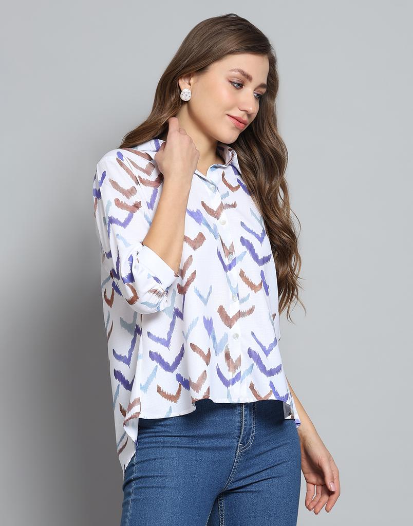 Monte Carlo Womens Printed Off White Collar Neck 3/4 Sleeve Top