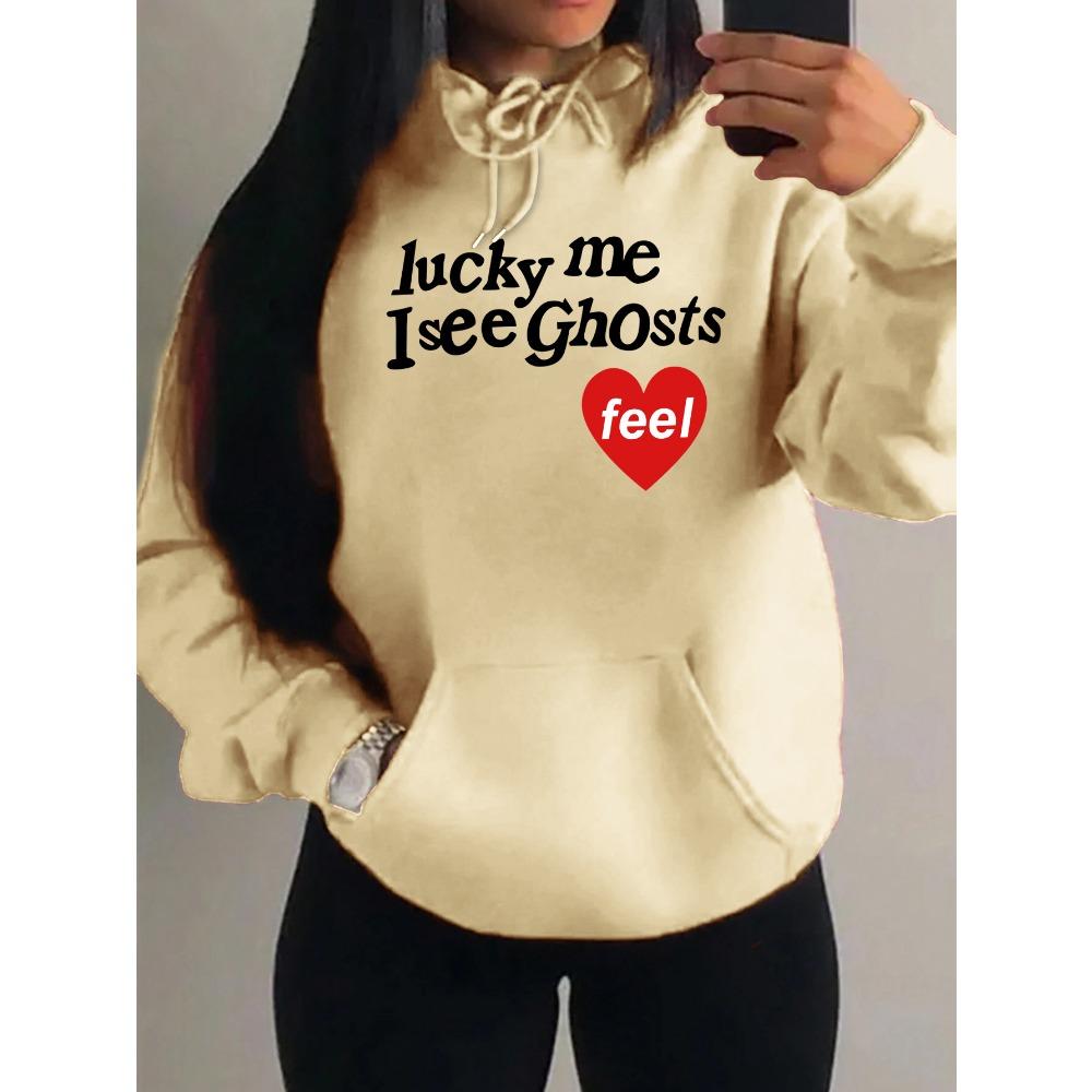 Glücklich ich sehe Geister Kunst Buchstabenmuster Damen Hoodie Herbst Mehrfarbig Hoodies Streetwear Fleece Tasche Kapuzenpullover