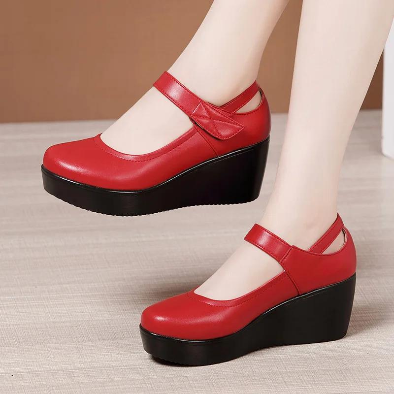 Small Size 32-43 Shallow Med Block Heels Mary Janes Women Pumps 2025 Comfortable Platform Wedges Shoes for Office Mom Model