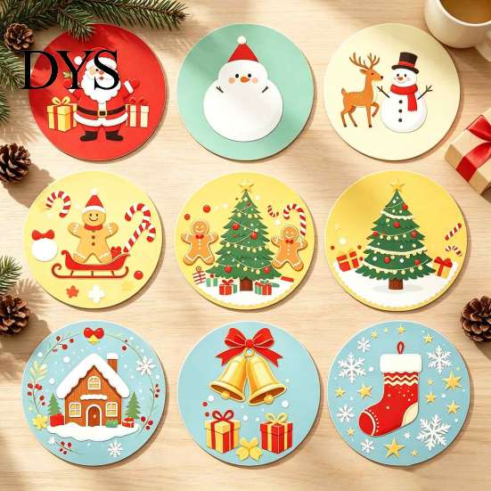 Kitchen Dining Table Accessories 9Pcs Christmas Wooden Coasters Set, Heat Resistant Cup Mats, Waterproof Pads for Round Protection Mats Home