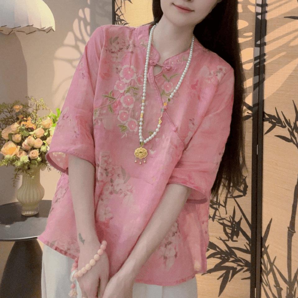 New Chinese style diagonal shirt women's new foreign style thin versatile summer top