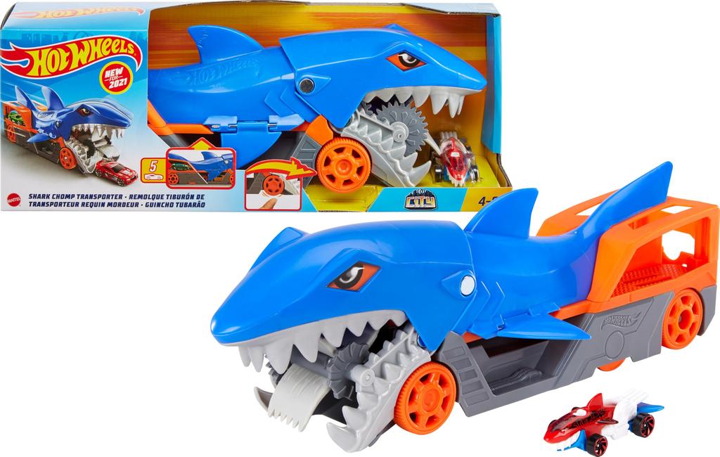 Hot Wheels Shark Chomp Transporter Playset with One Scale Car for Kids 4 To 8 Years Shark Bite Hauler Picks Up Cars In Its Jaws Stores Up To Five In