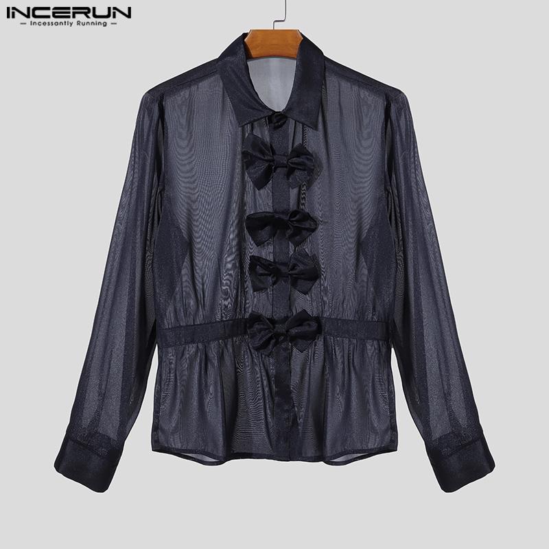 INCERUN Men Long Sleeve Bow Knot Mesh Sheer Hollow Out Party T-shirts Tops