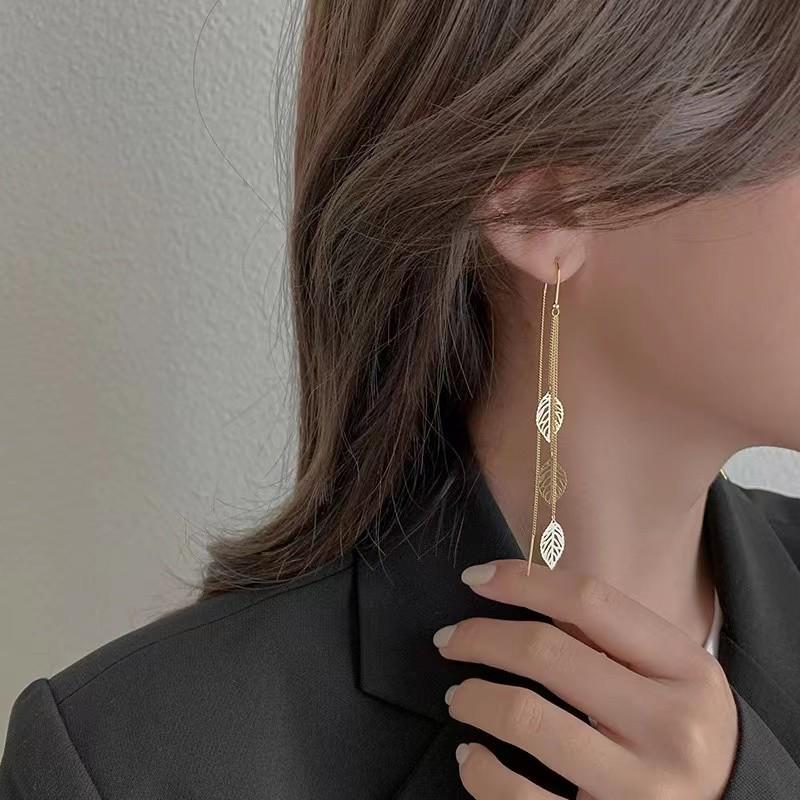 Korean Dongdaemun Leaf Tassel Earrings - Super Fairy Style, Easy Match, Long Hollow Design for Women