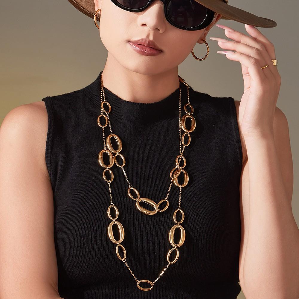 High-Polish Oval Ring Link Chain Necklace In Stainless Steel 18k Gold Plated Waterproof Sweater Chains Long Necklaces for Women