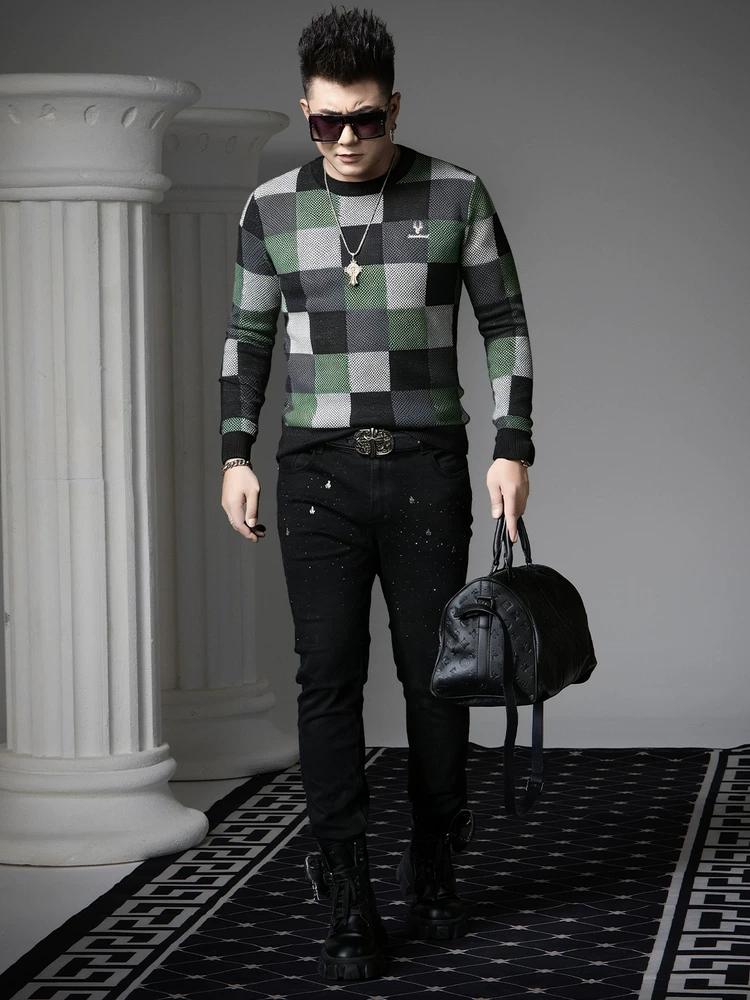 European Station 2025 Autumn/Winter New Round Neck Sweater Men's Plaid Print Knitted Base Shirt Long Sleeve Knitwear