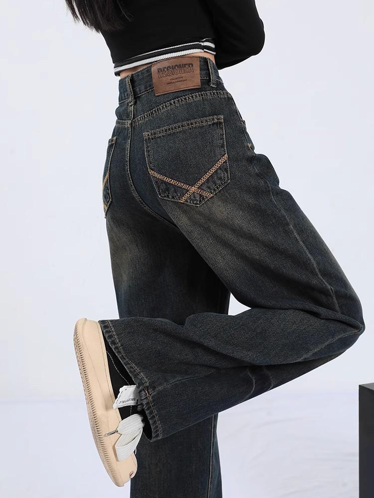 Women's Plus Size Retro Wide Leg Washed Jeans with Zipper