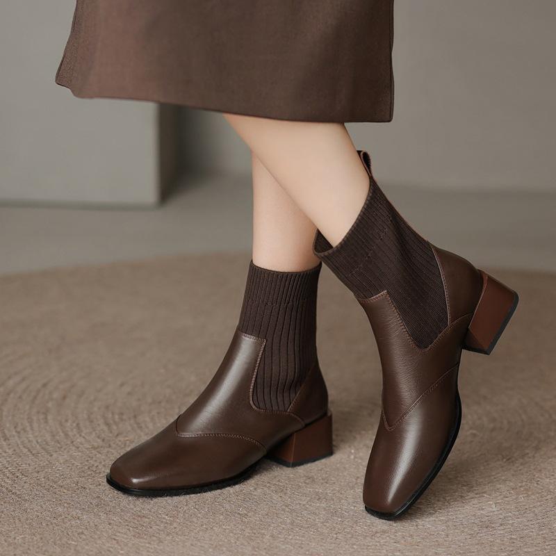 Knitted Sleeve Elastic Skinny Socks Boots Retro Square Head Thick Medium Heel Short Boots Women's Autumn, Winter and Naked Boots