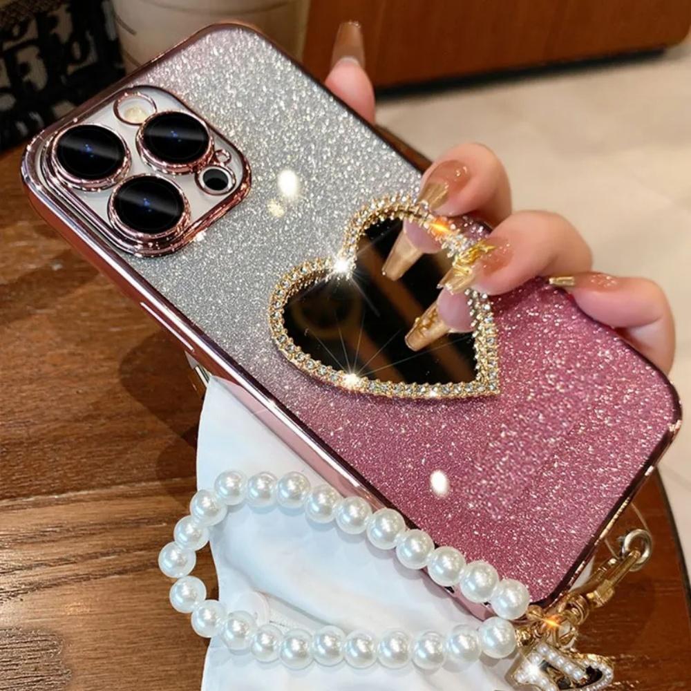 Πολυτελής Θήκη Τηλεφώνου με Καθρέφτη Αγάπης με Διαμάντια Για Xiaomi Redmi Note 14 13 Pro Plus 5G 4G 14S 14 13 Pro Κρεμαστό Σχοινί με Μαργαριταρένια Καρδιά