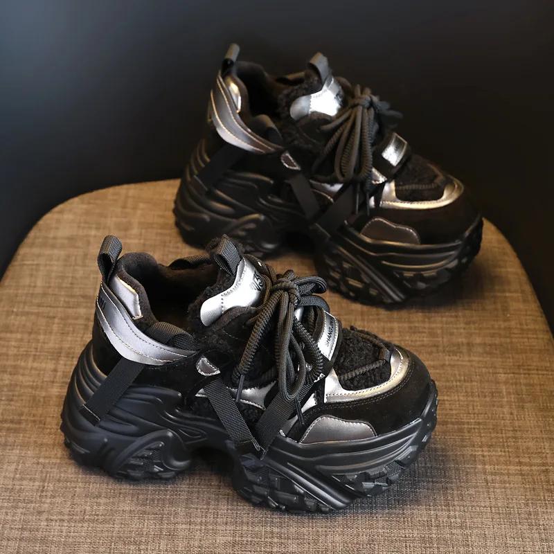 Fashion 9.5CM Women Microfiber Leather Spring Chunky Sneakers Winter Plush Fashion Ankle Booties Autumn Platform Wedge Flats Shoes
