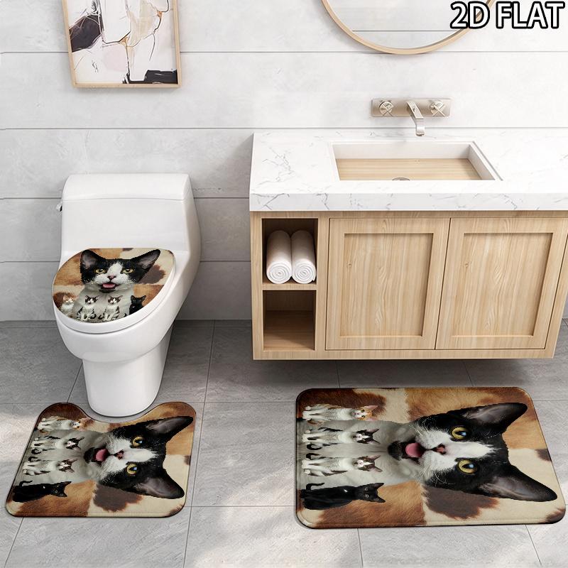 Cute Cat 3D Pattern 3Pcs Bathroom Rug Set, Non Slip Absorbent Bath Mat, Contour Mat & Toilet Lid Cover, Bathroom Decor