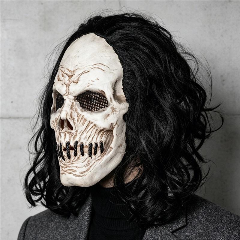 Black Long-Haired Skull Mask, Perfect for Holiday Parties, Halloween Pranks, Masquerade Balls, and Carnival Parties, Made of Latex