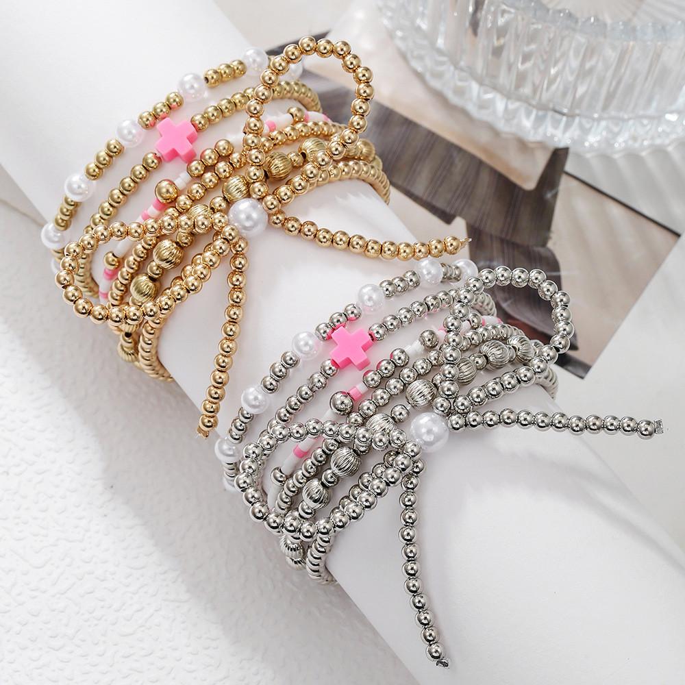 Geometric Pearl And Cross Multilayer Bracelet For Women With Handmade Craftsmanship