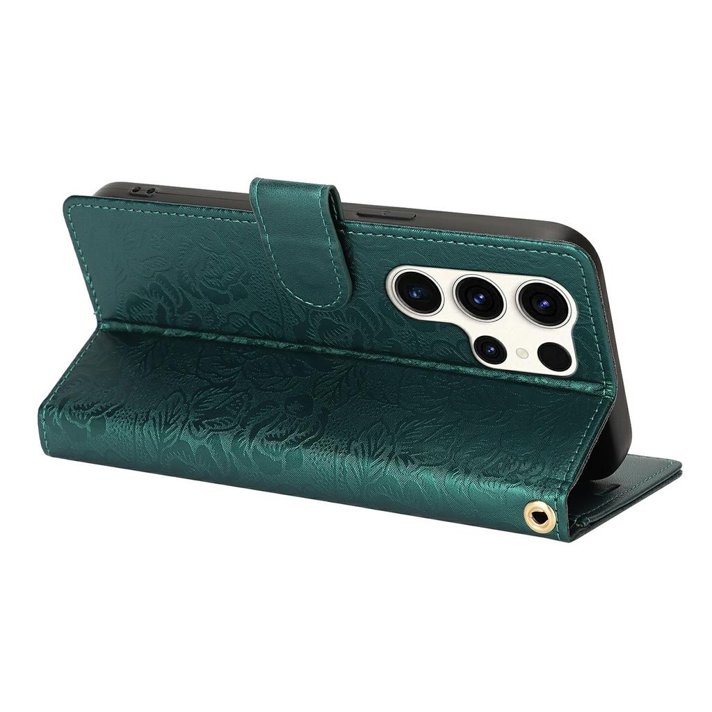 For Samsung Galaxy S25 Ultra Case with Hand Strap Flower Imprint Leather Wallet Phone Cover