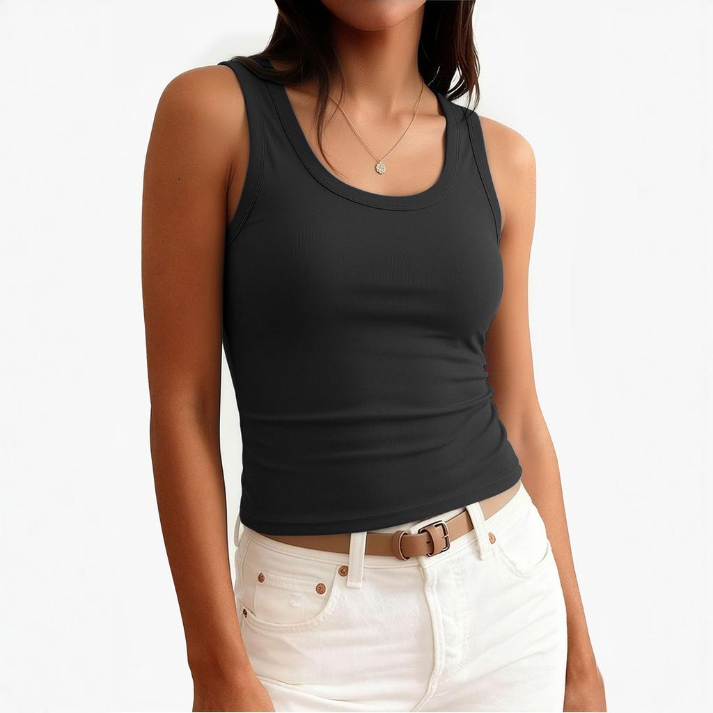 Women’s Sleeveless Ribbed Knit Tank Top Round Neck Fitted Basic Casual Stretchy Soft Undershirt for Summer Daily Wear