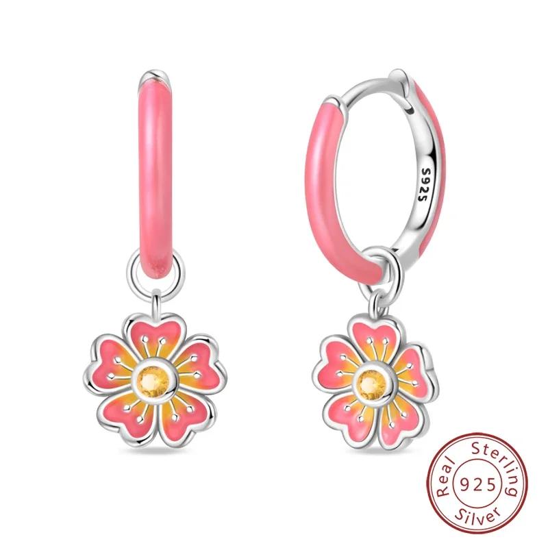 New 925 Silver Bee Butterfly Pink Lily Lotus Earrings for Women Cherry Apple Strawberry Ear Studs Elegant Party Jewelry