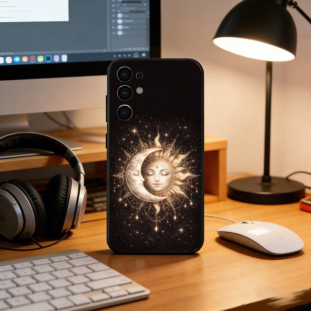 Divination Moon and Sun Patterns Phone Case For Samsung S25,S24,S21,S22,S23,S30,Ultra,S20,Plus,Fe,Soft Silicone Black Cover