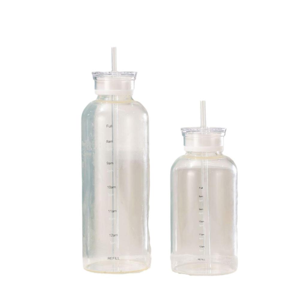 Summer Style Double-Lid Straw Glass Water Cup with Time Scale