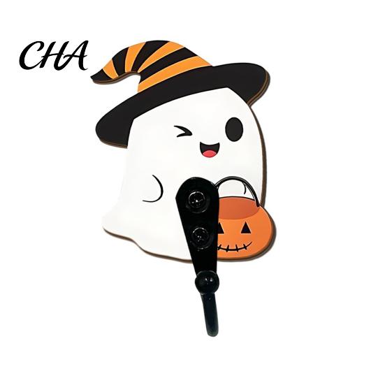 Space Saving Entryway Hooks Halloween Themed Wall Hook, Decorative Ghost Pattern Key Hanger, Self Shape Mounted Hook Adhesive Backing Wood Base