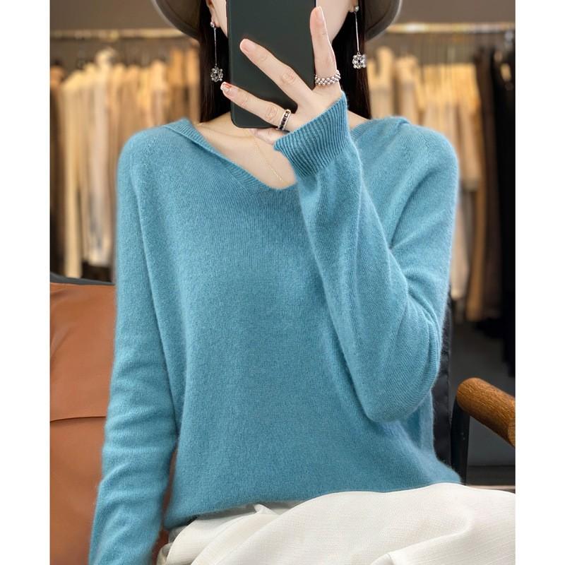 Women's Fall/Winter V-Neck Hooded Pullover Sweatshirt Cropped Knit Sweater