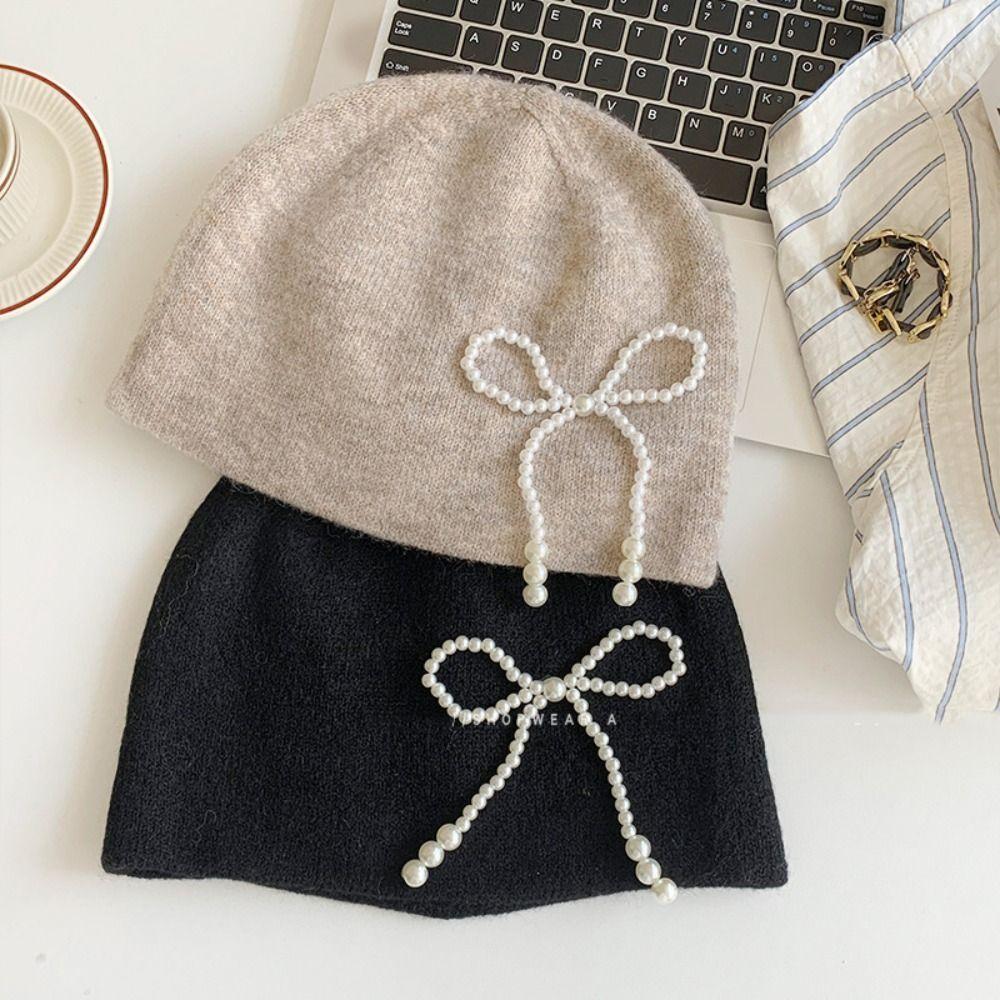 Ear Protector Pearl Bow Beanies Cap Casual Korean Wool Hat Stacking Knitted Bonnet Cap  Daily