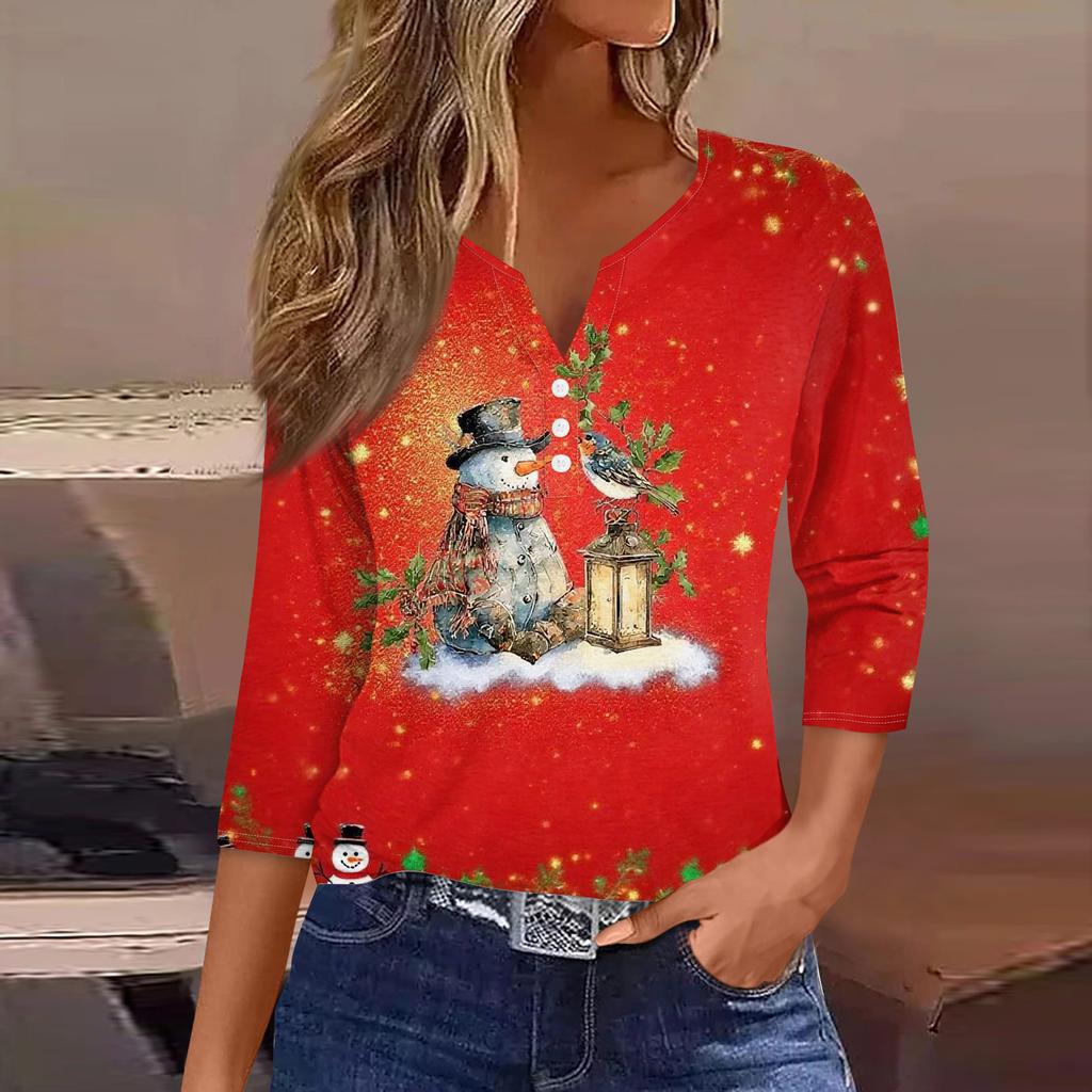 Women's Fashion Casual Halloween Printed V-Neck Short Sleeve Decorative Button Three-quarter Sleeve T-shirt Top