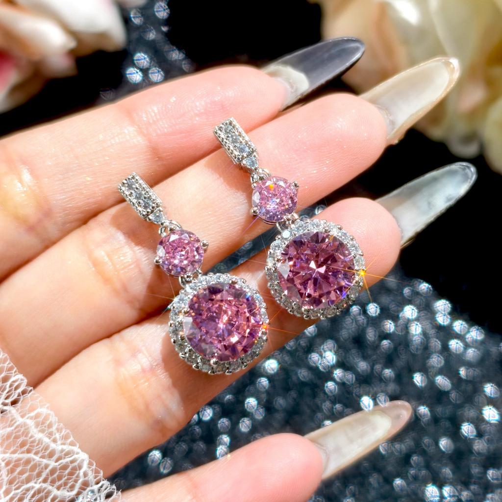 2026 Pink Zircon Necklace, Romantic Cherry Blossom Pink Diamond Set, Long Argyle Pink Diamond Stud Earrings Pendant.