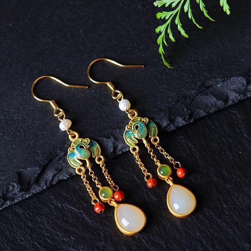Hetian Jade Ear Hook Earring Women's High-end Temperament Ethnic Retro Earrings Cloisonne Craft Dangler Gift