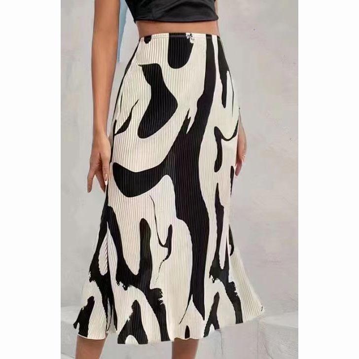 Gonna lunga plissettata con stampa grafica casual elegante da donna Moda Autunno Vita Alta Elastica Gonna Midi Geometrica Streetwear