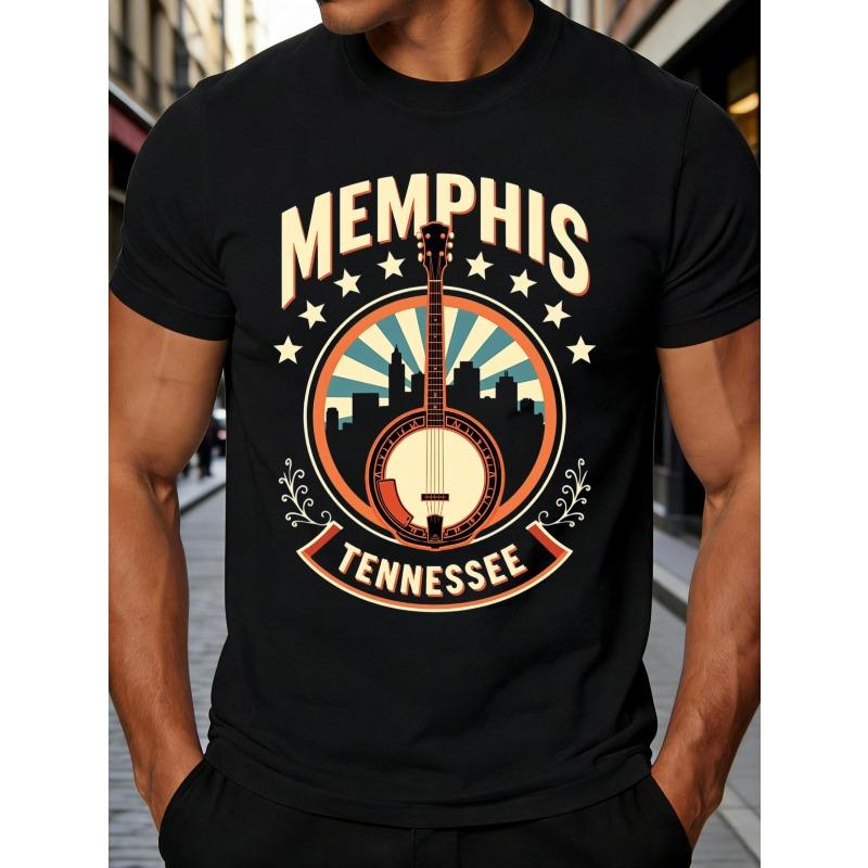European Size Retro Style Men's T-Shirt Memphis Tennessee Banjo And Cityscape Design Summer Casual Wear for Music Lovers And Travel Enthusiasts