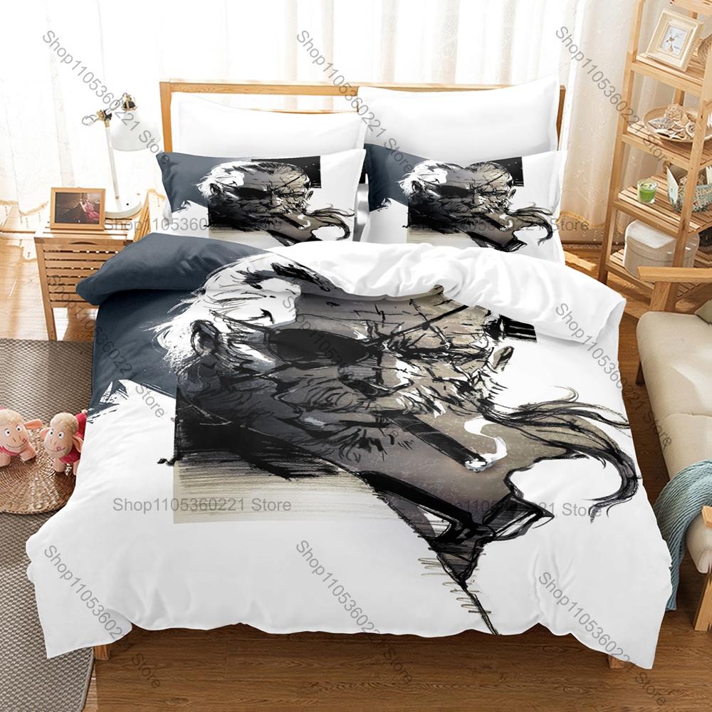 Cool Metal Gear Solid Solid Snake Duvet Cover + 2 Pillowcases Camo Solid Snake Tactical Graphic 3Pcs Zipper Quilt Cover Retro St